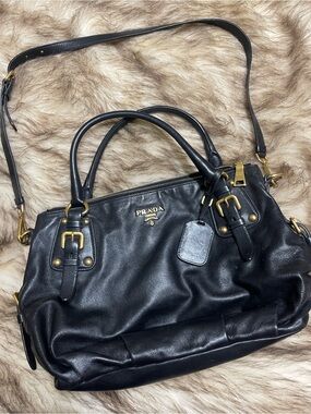 Prada Black Leather Shoulder Satchel with Gold-Tone Hardware